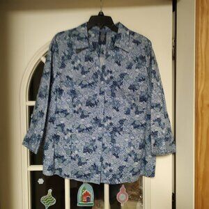New Basic Editions Blue Flowered 3/4 Sleeve Button Down Shirt Size Women's 1X